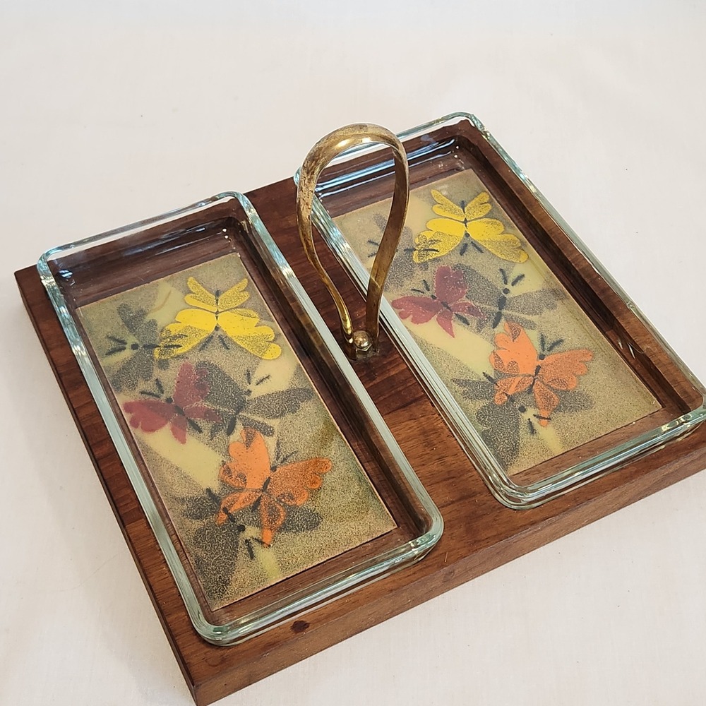 Ernest Sohn Vintage MCM Doubke Relish Serving Tray‎ Butterflies Wood Glass